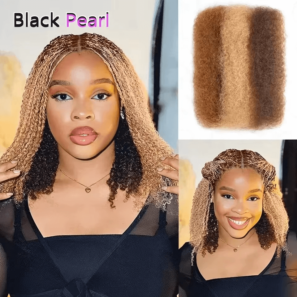 Afro Kinky Bulk Human Hair in Black Pearl style, featuring curled texture, suitable for braiding and versatile for any season.