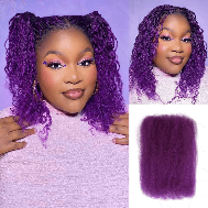 Model with purple curly hair styled in pigtails, showcasing Afro Kinky Bulk Human Hair alongside a hair bundle.