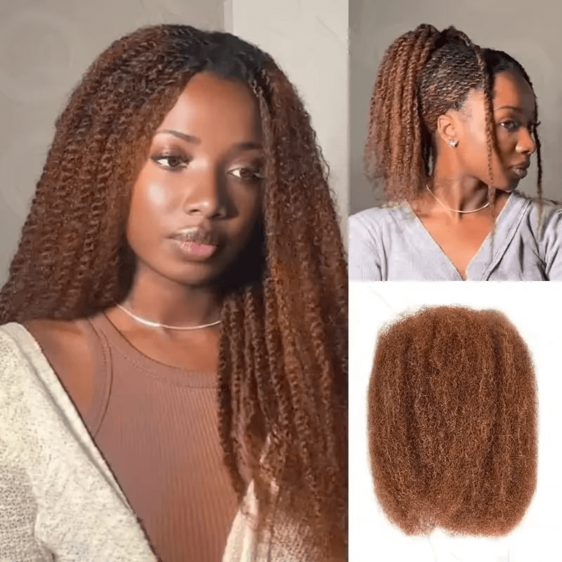 Afro Kinky Bulk Human Hair in various styles, showcasing curly texture and rich brown color for braiding.