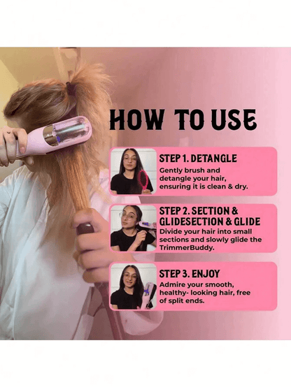 Split end hair trimmer device for removing damaged ends while preserving hair length